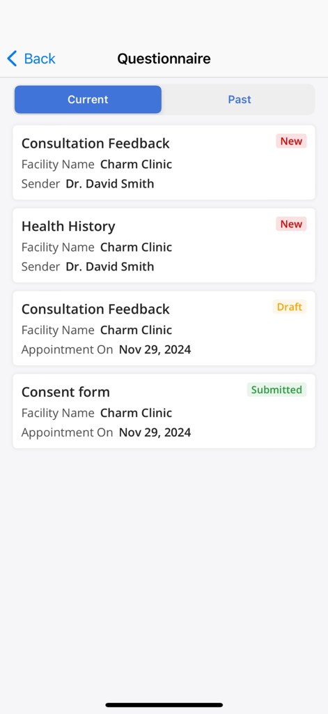 Charm mPHR - List of current medical questionnaires and consent forms within the Charm mPHR mobile app