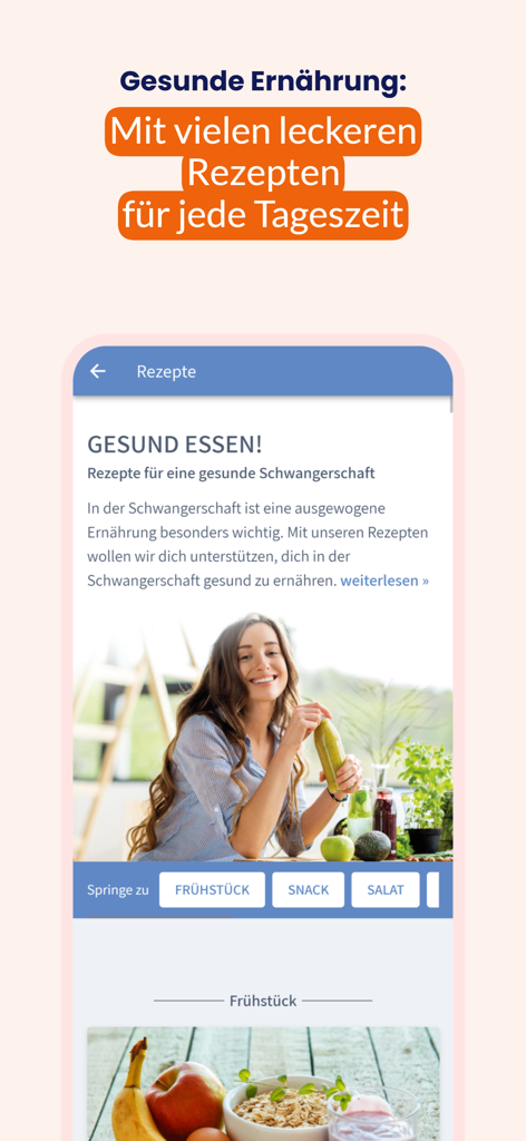 임산부를 위한 건강한 영양 및 레시피를 보여주는 모바일 앱 화면
