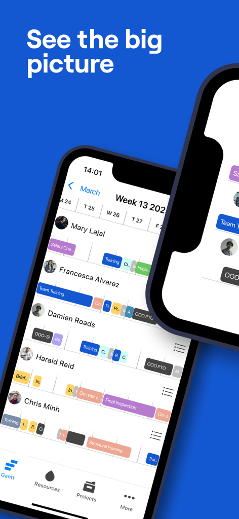 Ganttic Planner - Ganttic Plannerモバイルアプリのインターフェース。リソース管理とチームスケジューリングのためのガントチャートを表示。