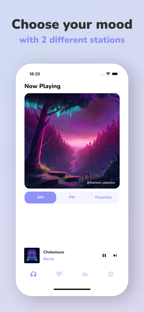 Lo-Fi Clouds Radio - Lo-Fi Clouds Radio mobile app screen showing options to choose between AM and PM music stations with aesthetic forest artwork