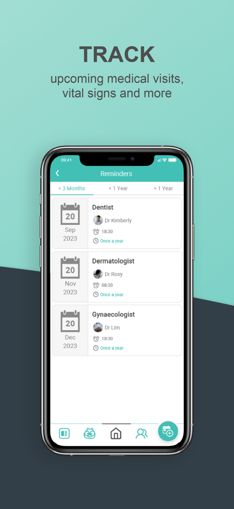Halza - Halza app interface showing a list of upcoming medical visit reminders for a dentist dermatologist and gynaecologist