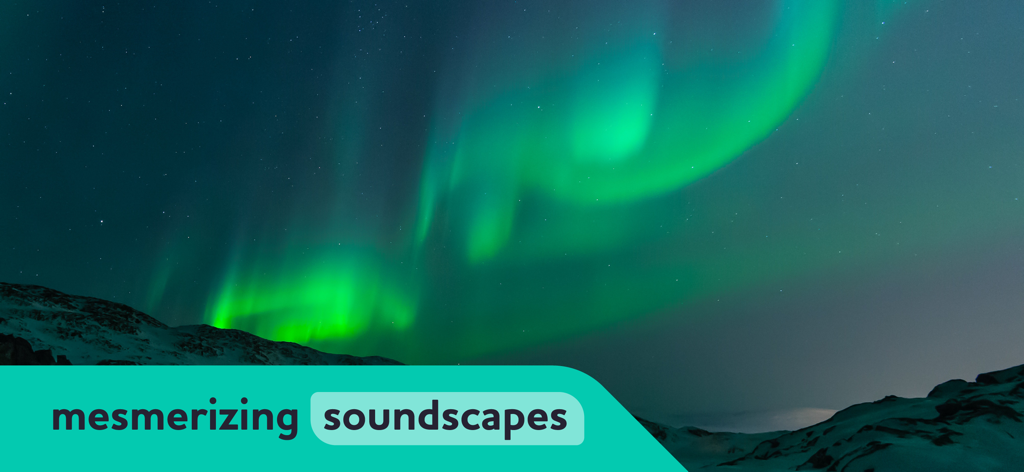 Semse Aware: Be Present Now - Aurora boreal sobre uma paisagem nevada representando paisagens sonoras hipnotizantes no aplicativo Semse Aware.