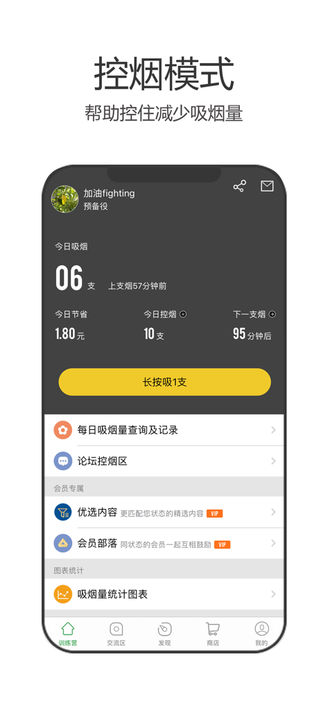 Smoking control dashboard of the Quit Smoking Legion app featuring a daily cigarette counter and savings tracker in Chinese