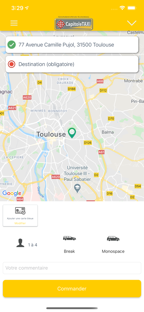 Interface de l'application Capitole Taxi montrant une carte de Toulouse et la sélection du véhicule pour la réservation.