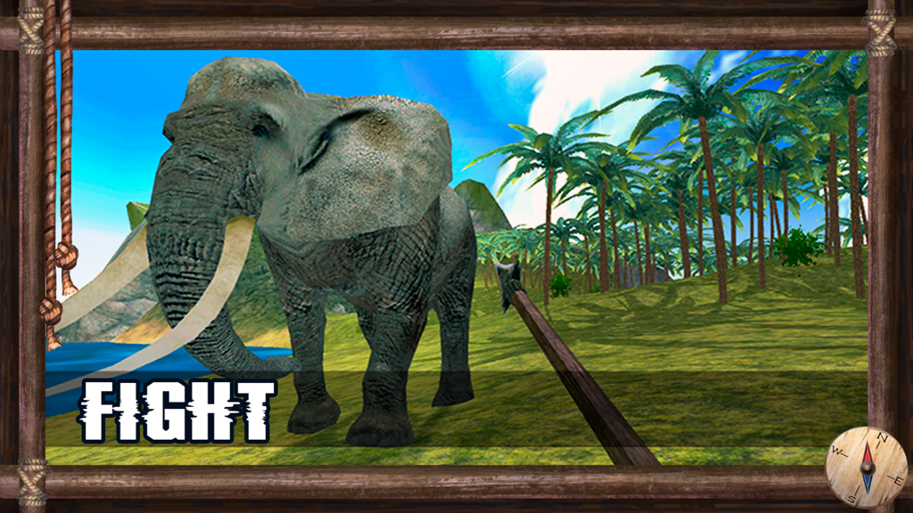 Survival Island 2016 : Savage - First person gameplay screenshot of a player confronting an elephant on a tropical island with a Fight text overlay