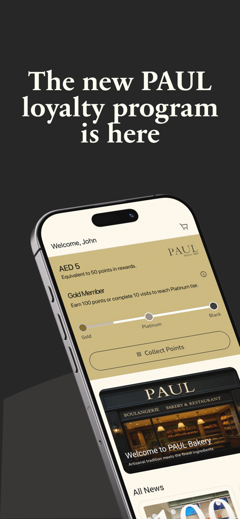 Paul Arabia mobile app showing loyalty rewards and membership status