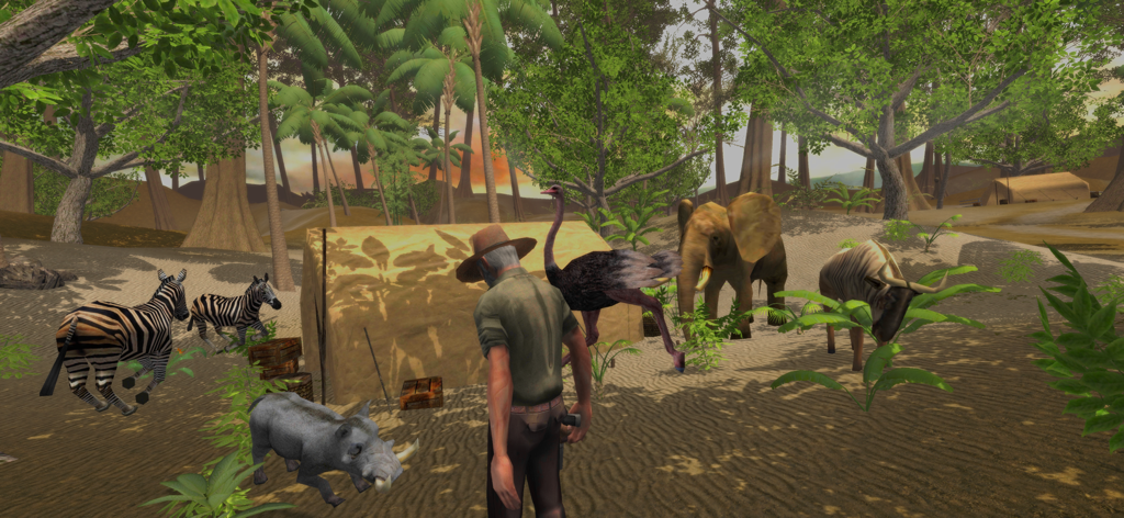 4x4 Safari: Evolution-U - A hunter character standing in a camp surrounded by various safari animals like zebras an elephant and an ostrich in a jungle environment