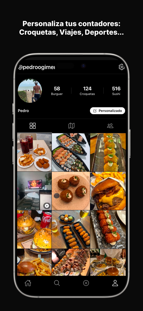 CountIt: Contador y Fiestas - Pantalla de un teléfono inteligente que muestra un perfil de usuario de CountIt con una cuadrícula de fotos y contadores sociales de hamburguesas, croquetas y sushi.