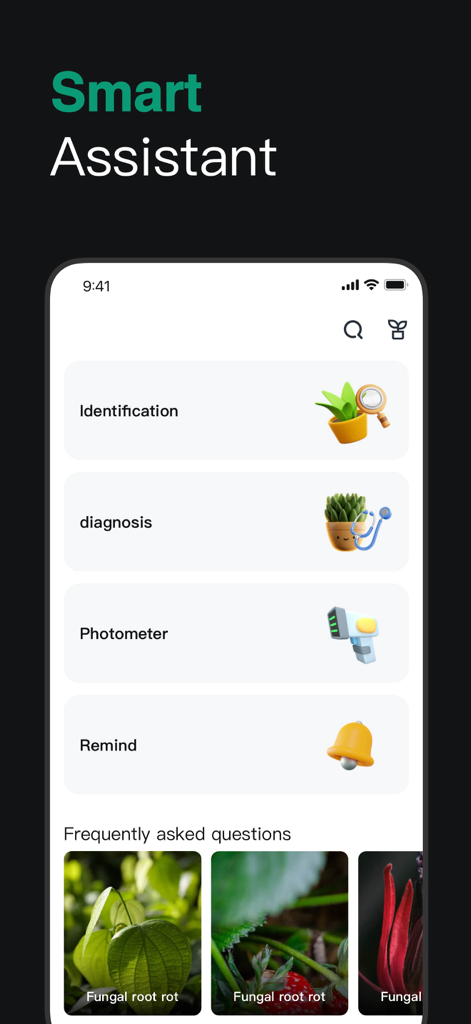 AI Agent - Chat bot Assistant - Smart assistant interface displaying plant identification, diagnosis, photometer, and reminder features.