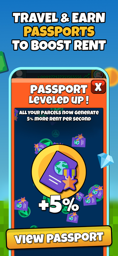 Atlas Earth app screen showing a passport level up notification for a five percent virtual rent boost