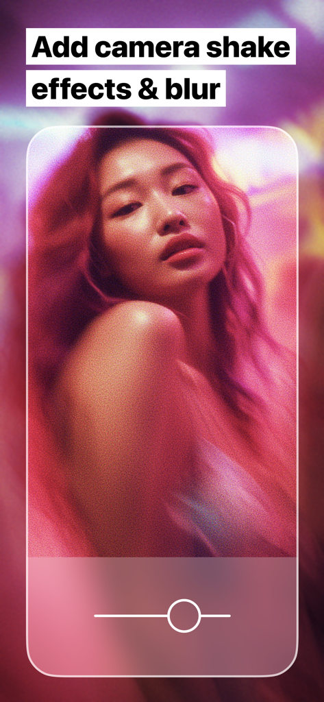 A woman's portrait featuring artistic camera shake and blur effects in the Fuzion photo editor.
