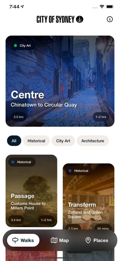 Sydney Culture Walks - Sydney Culture Walks app interface showing walking tour options for history art and architecture