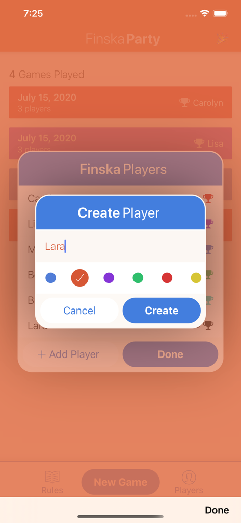 Finska Party - Interface of the Finska Party app showing a pop up window to create a new player with name input and color selection