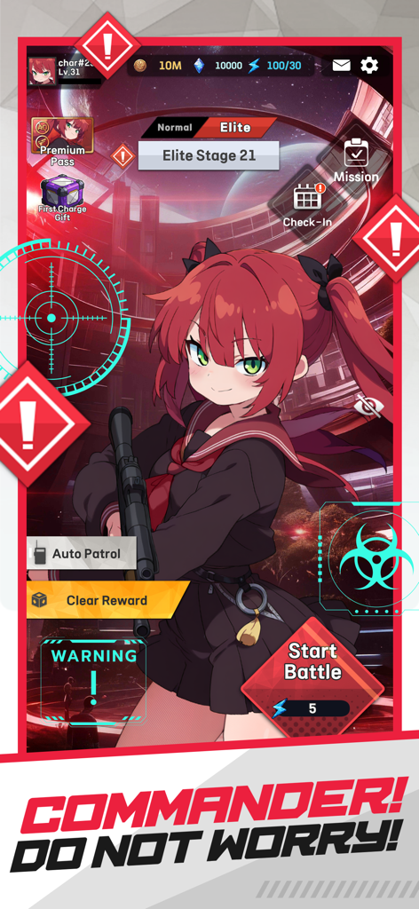 E.D.E.N : The Last Line - E.D.E.N The Last Line game menu featuring a red-haired anime girl holding a rifle with tactical UI elements.