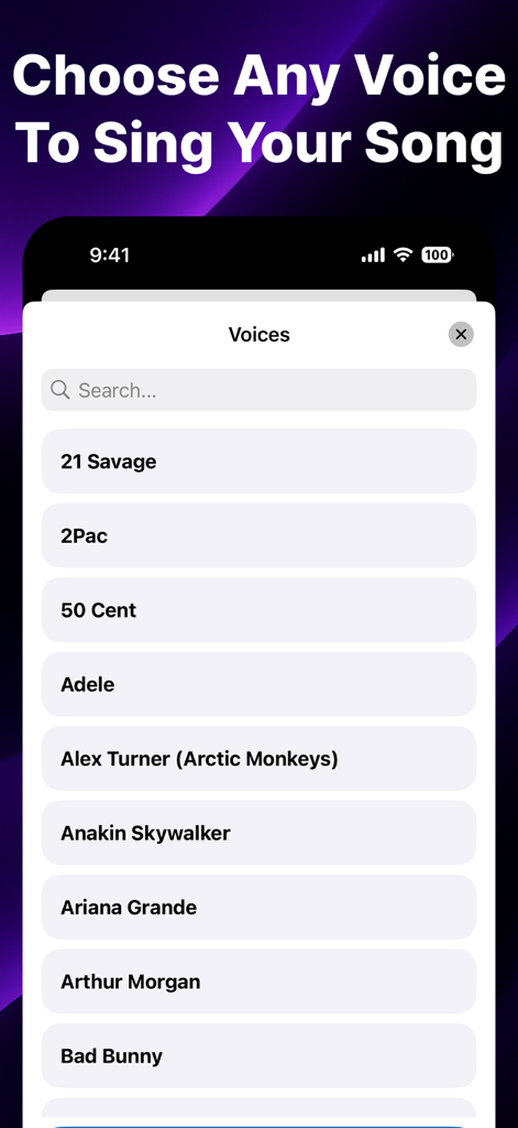 AI Music Generator Song Cover - Menú de selección de voz de IA con artistas populares y personajes para portadas de canciones
