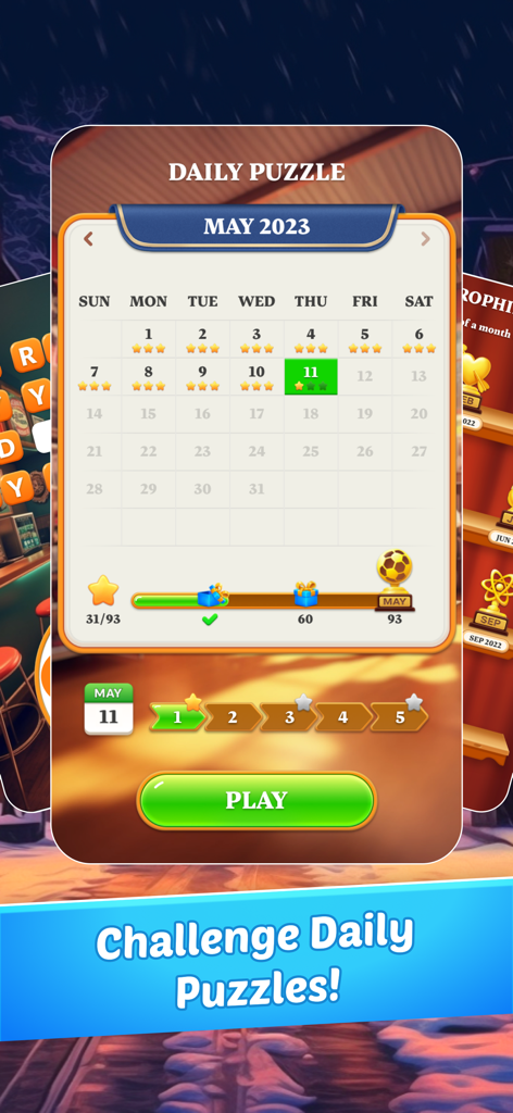Word Shop - Fun Spelling Games - Word Shop mobile game screenshot showing a daily puzzle calendar with stars and rewards