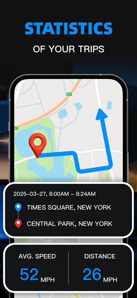 Speed Radar Bot: Speedometer - Trip statistics screen showing a map route from Times Square to Central Park with average speed and distance metrics