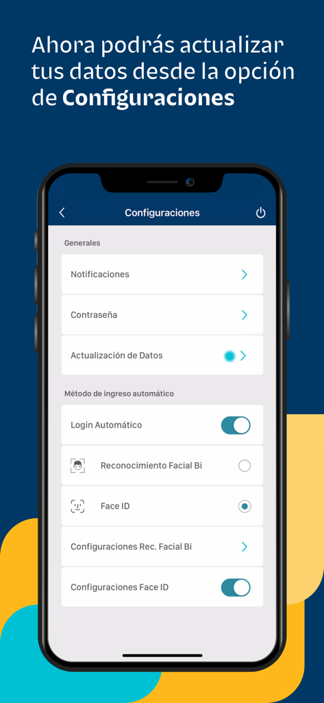 Bi en Línea PAN - Interfaz de configuración de la aplicación Bi Bank Panamá que muestra el inicio de sesión biométrico con Face ID y opciones de actualización de perfil
