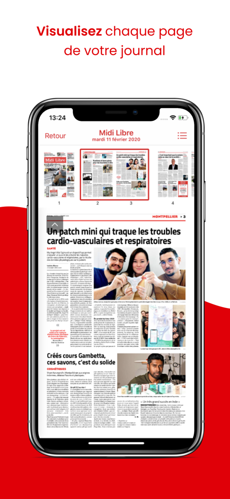Midi Libre Le Journal - Midi Libre app showing digital newspaper pages and a health article on a smartphone screen.