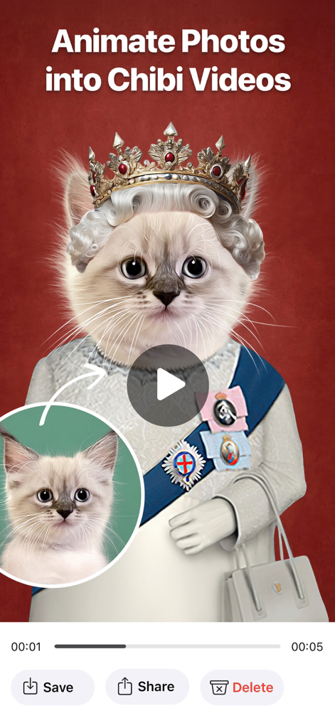 A cat animated into a royal portrait with a crown and jewels using the PawEditor Chibi video feature.