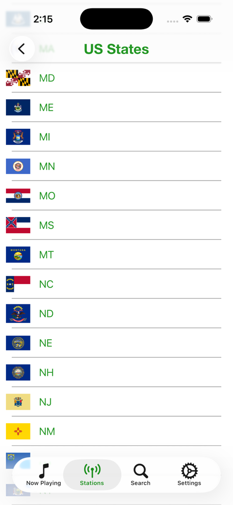 A list of US states with flags and abbreviations for selecting radio stations in the FrogRadio app