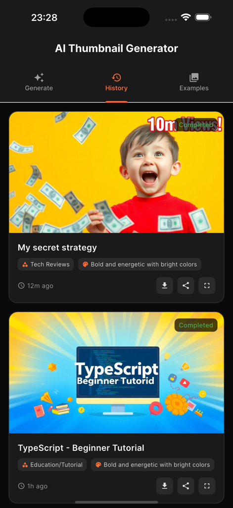 バイラルサムネイルメーカーの履歴インターフェース。テック系や教育系チャンネル向けのAI生成YouTubeサムネイルが表示されています
