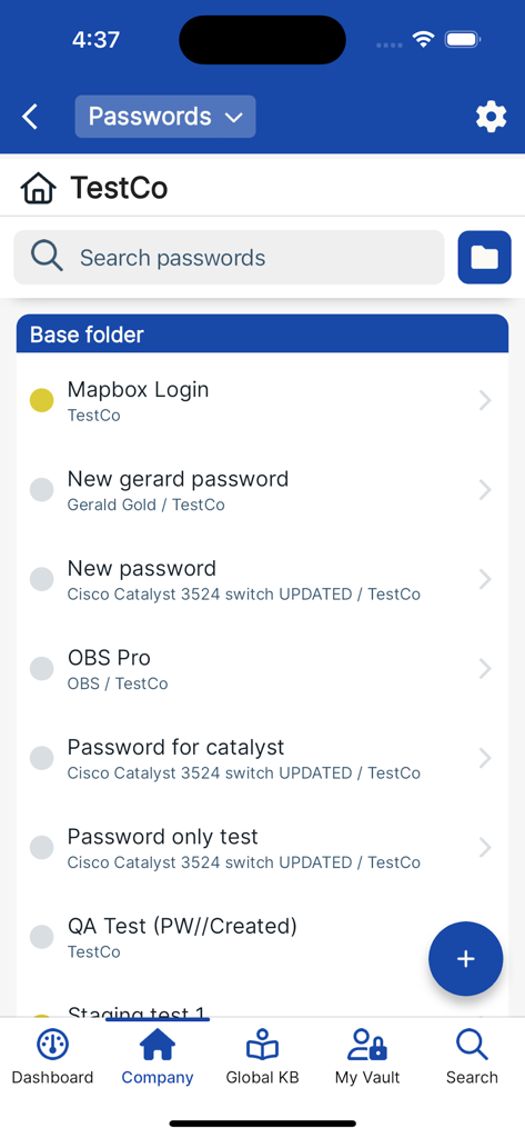 Hudu Mobile - A list of client passwords and credentials within the Hudu Mobile application.
