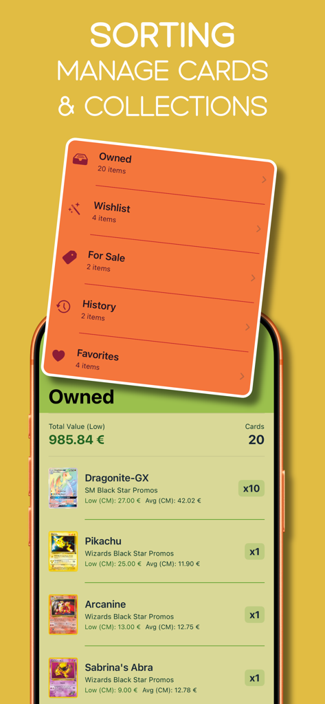 TCG Card Scanner: Value - A mobile app screen showing a managed collection of TCG cards with their market values and categories like owned, wishlist, and for sale.