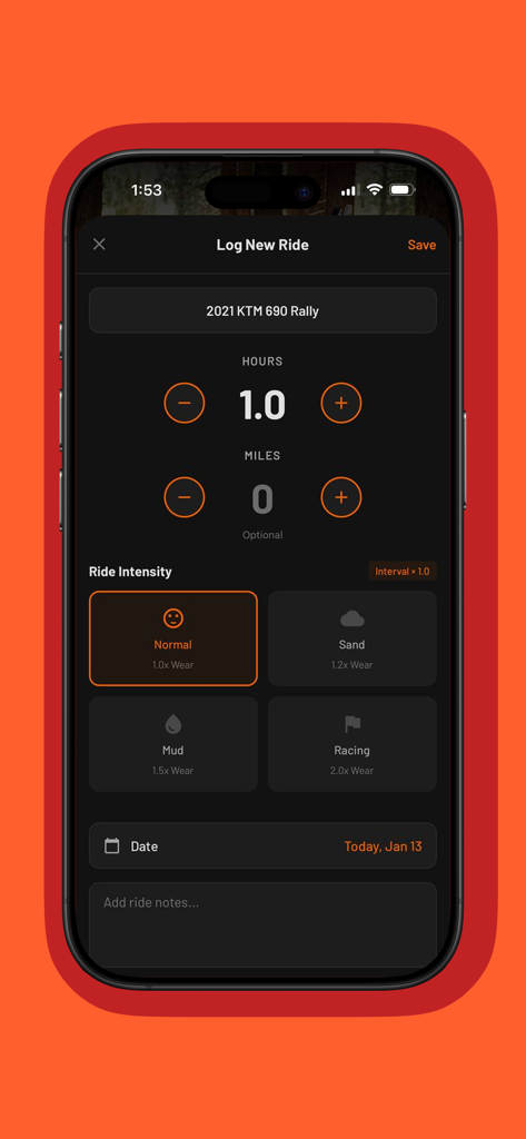 Interface of DirtTime app showing the log new ride screen with ride intensity options and bike details