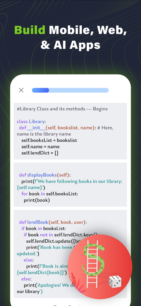 Python X app interface showing a coding project for library management