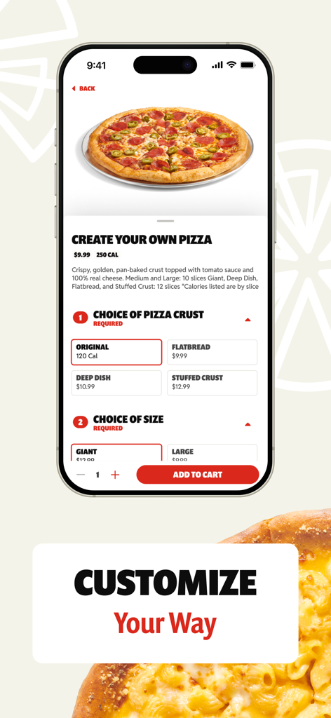 Pantalla de la aplicación móvil Cicis Pizza que muestra opciones para personalizar un pedido de pizza con diferentes tipos de masa y tamaños