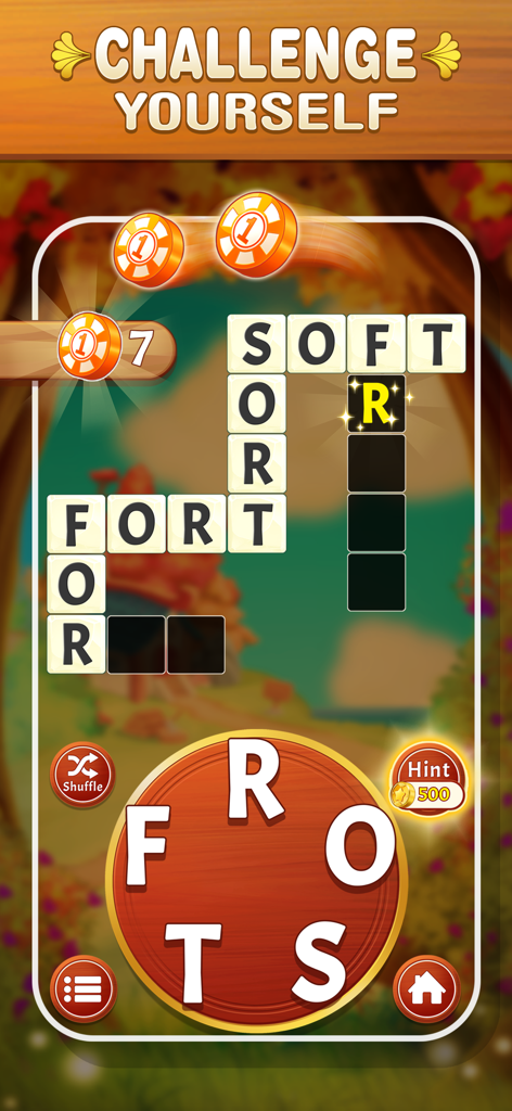 Game of Words app screenshot showing a word puzzle challenge with a letter wheel and crossword grid.