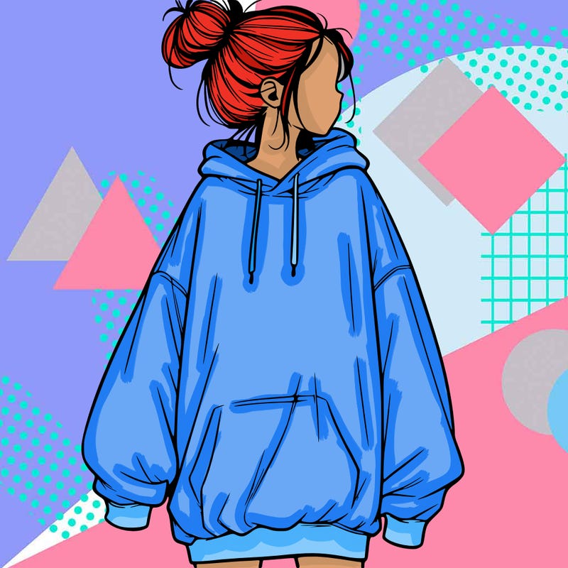realistic girl with a oversized sweatshirt on and a bun