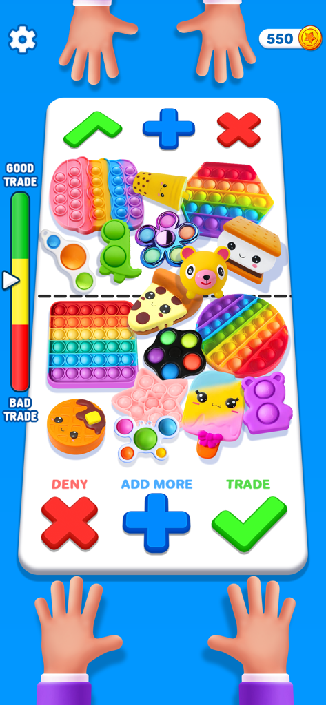 Fidget Trading 3D: Pop It Toy - A 3D mobile game screen showing two players trading colorful pop it toys with a trade meter and action buttons
