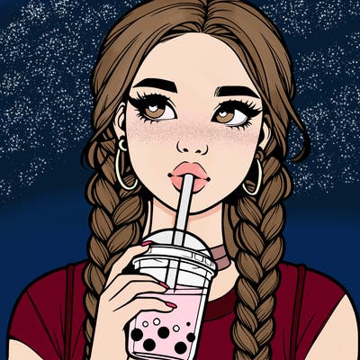 realistic girl with braided hair drinking boba