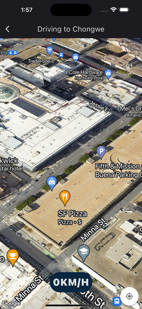 ROSMA - ROSMA navigation app interface showing a 3D satellite map with local business icons and a speed indicator