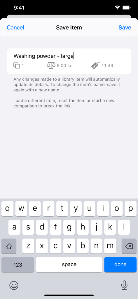 Easy Price Compare - Save item screen in the Easy Price Compare app showing a 9 pound washing powder entry with price information