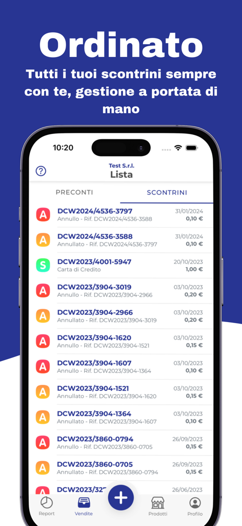 CassApp Scontrino Elettronico - Digital receipt list in the CassApp virtual cash register mobile application