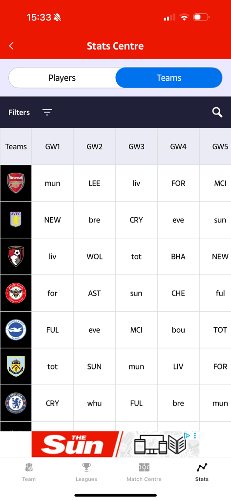 The Sun Dream Team - The Sun Dream Team app stats center showing a table of upcoming Premier League fixtures by gameweek