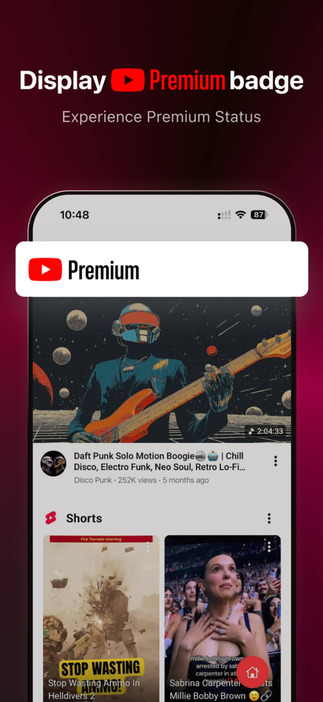 Smartphone screen displaying Tube PiP app with a YouTube Premium badge and video feed