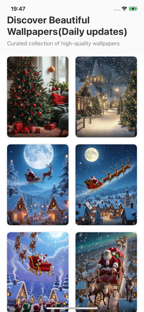 Wallea - Interfaz de la aplicación Wallea mostrando una colección curada de fondos de pantalla móviles de alta calidad temáticos de Navidad y festivos