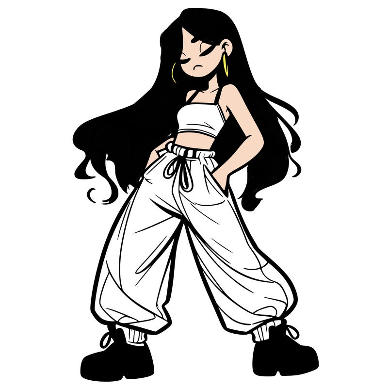 girl in baggy pants crop top and long hair
