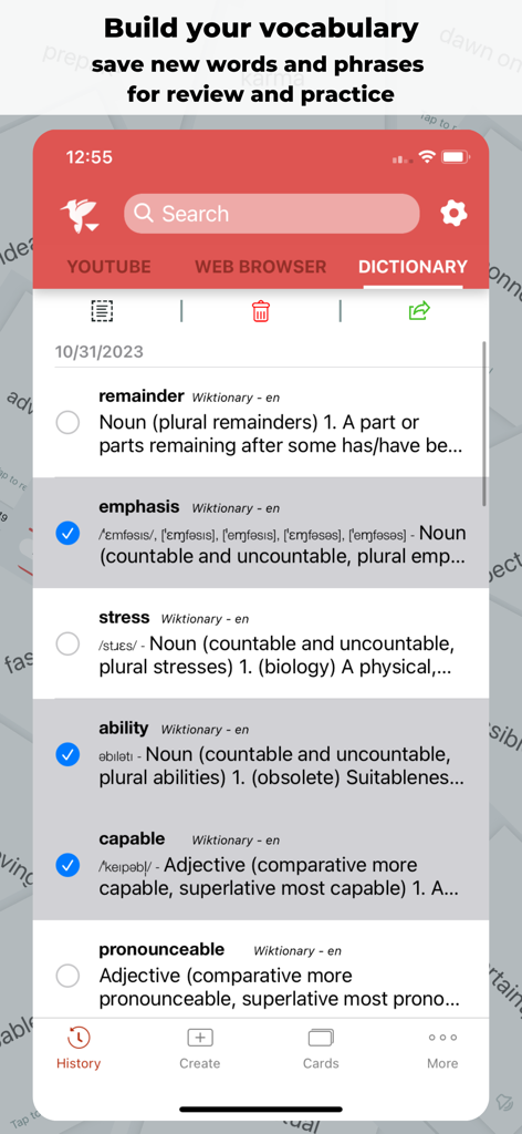 Woodpecker - Language Learning - Woodpecker app interface displaying a personal dictionary history with definitions of saved words for language learning review