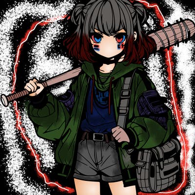 an anime girl with a baseball bat and streetwear