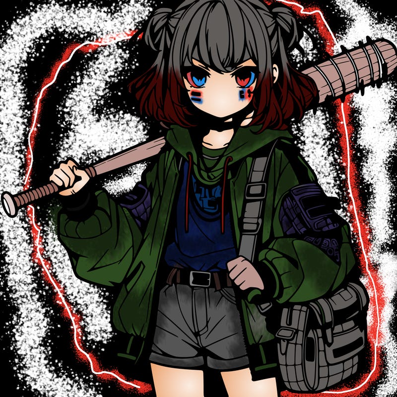 an anime girl with a baseball bat and streetwear