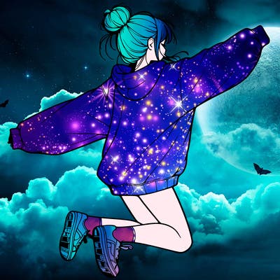 realistic girl jumping with a bun and oversized sweatshirt