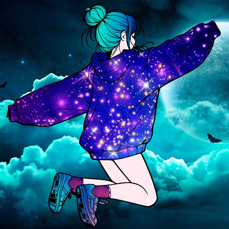 realistic girl jumping with a bun and oversized sweatshirt