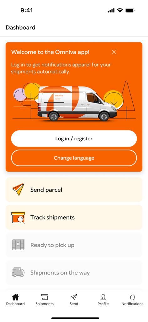 Omniva Mobile - Omniva Mobile app dashboard with shipment tracking and parcel delivery options