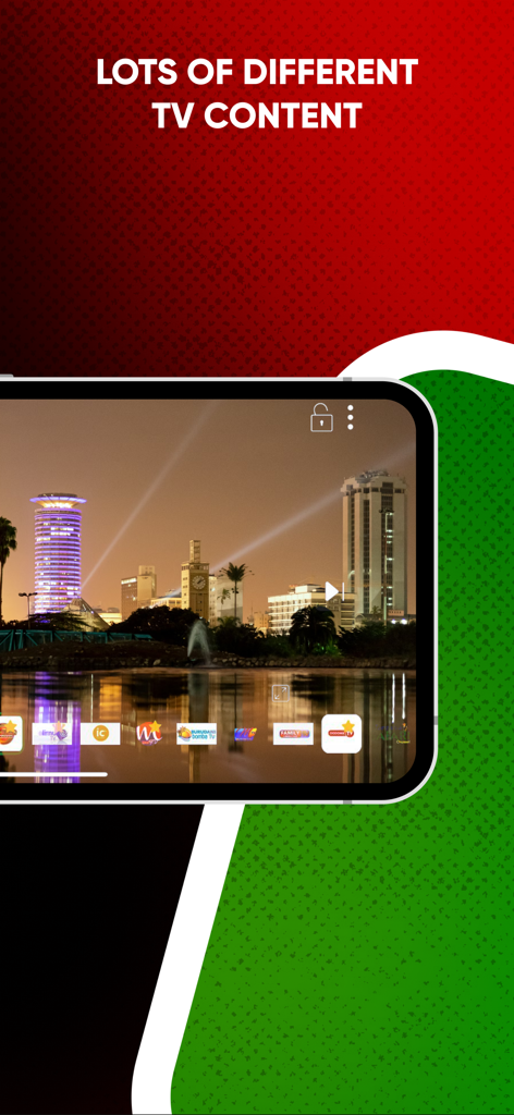 KeniStream: Watch Live TV - KeniStream mobile app interface showing a live stream of the Nairobi skyline with Kenyan TV channel icons