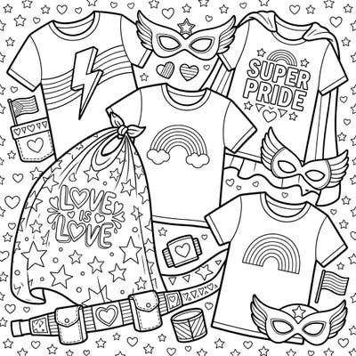 Dive into a world where superheroes celebrate love and diversity! This unique coloring page features an array of apparel and accessories designed for Pride Month, blending heroic style with inclusive symbols.